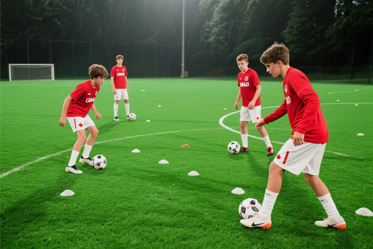 加拿大国家队年轻球员在训练场上进行战术演练与传控
