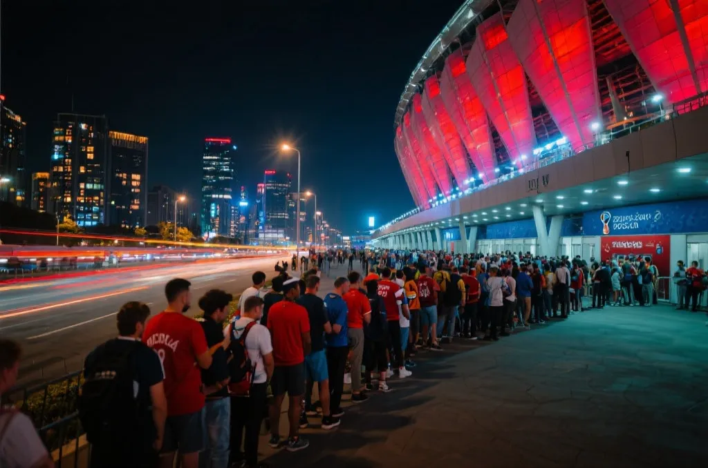 球迷在大型现代化球场外排队入场，城市夜色与交通灯光交错，展现世界杯观赛氛围
